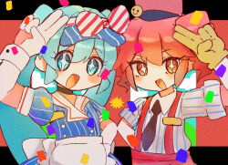  2girls apron aqua_eyes black_choker black_necktie blue_dress blue_eyes bow buttons choker collared_shirt commentary_request diagonal-striped_bow double-breasted dress drill_hair gloves hat hatsune_miku kasane_teto long_hair mesmerizer_(vocaloid) multiple_girls necktie no_nose ny/tt pants puffy_short_sleeves puffy_sleeves red_eyes red_hair red_hat red_pants shirt short_sleeves smile sparkling_eyes striped_clothes striped_dress striped_shirt suspenders twin_drills twintails utau vertical-striped_clothes vertical-striped_dress vertical-striped_shirt visor_cap vocaloid waist_apron waitress watercolor_effect white_apron white_shirt wrist_cuffs yellow_gloves 