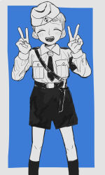  1boy ^_^ armband belt blue_background border breast_pocket buttons child closed_eyes collared_shirt commentary_request dagger diamond_(shape) double_v emblem facing_viewer feet_out_of_frame fingernails garrison_cap german_commentary greyscale_with_colored_background hat highres knife komati_xmbtx male_focus nazi necktie open_mouth original outside_border pocket sam_browne_belt sheath shirt short_hair shorts simple_background socks solo standing uniform v very_short_hair weapon white_border 