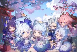  2boys 4girls absurdres animal_ears animal_feet animal_hands architecture ayaka_(genshin_impact) bird blue_eyes blue_hair blue_sky blunt_bangs braid braided_hair_rings butterfly_hair_ornament cherry_blossoms chibi chinese_commentary closed_mouth cloud cloudy_sky commentary_request commission cup dango_milk_(genshin_impact) disposable_cup dress drinking_straw earrings east_asian_architecture eating falling_petals flower food food_in_mouth furina_(genshin_impact) genshin_impact hair_between_eyes hair_flower hair_ornament hair_ribbon hat headpiece highres holding holding_cup holding_food japanese_clothes jewelry kamisato_ayato light_blue_hair long_hair looking_at_viewer looking_back looking_down makizushi mole mole_under_mouth multicolored_hair multiple_boys multiple_girls neuvillette_(genshin_impact) omamori onigiri open_mouth outdoors petals picnic pink_hair purple_eyes purple_hair raiden_shogun ribbon short_hair short_sleeves single_braid sitting skirt sky standing sushi tail wagashi white_flower white_hair yae_miko yizhixiaopomao 