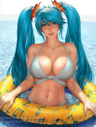 1girl beamed_quavers blue_eyes blue_hair breasts cleavage closed_mouth day deviantart_username hair_between_eyes head_tilt highres innertube large_breasts league_of_legends lips long_hair looking_at_viewer musical_note navel nose partially_submerged patreon_username realistic sciamano240 smile solo sona_(league_of_legends) standing stomach sunlight swim_ring treble_clef twintails water watermark web_address rating:Sensitive score:97 user:danbooru