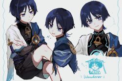  1boy armor black_hair blue_hair character_name closed_mouth crossed_arms genshin_impact grey_background hat highres japanese_armor japanese_clothes jingasa kote kurokote looking_at_viewer male_focus mandarin_collar middle_finger multicolored_hair multiple_views parted_lips scaramouche_(genshin_impact) simple_background taikan_(caiye_7) vision_(genshin_impact) wanderer_(genshin_impact) 