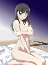 1girl anegasaki_nene bad_id bad_pixiv_id barefoot between_legs black_hair blush breasts completely_nude condom condom_packet_strip condom_wrapper covering_privates futon hand_between_legs large_breasts long_hair love_plus love_plus_plus marugoshi_teppei mole mole_under_eye nude nude_cover pillow solo rating:Questionable score:58 user:danbooru