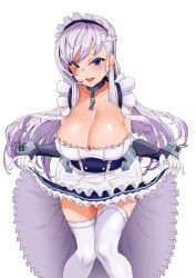 :d azur_lane bad_id bad_pixiv_id belfast_(azur_lane) blue_eyes breasts chain cleavage clothes_lift dress dress_lift era_(erasion) gloves highres large_breasts long_hair maid maid_headdress open_mouth simple_background smile teeth thighhighs turret white_background white_gloves white_legwear rating:Sensitive score:53 user:danbooru