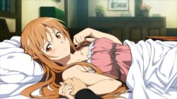  10s 1girl asuna_(sao) bare_shoulders bed blush brown_eyes brown_hair highres long_hair lying official_art on_back sword_art_online  rating:Questionable score:28 user:ryokoayekalover
