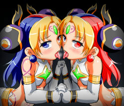  2girls arched_back bare_shoulders blonde_hair character_request earrings elbow_gloves gloves heterochromia holding_hands jewelry long_hair looking_at_viewer multicolored_hair multiple_girls mumumu_(nijie51951) saliva shinrabanshou shiny_skin simple_background tongue tongue_out white_gloves 
