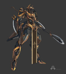  absurdres andrew_leung anubis_(iron_saga) artist_name full_body grey_background highres holding holding_polearm holding_weapon iron_saga machine mecha no_humans official_art polearm robot science_fiction simple_background weapon  rating:General score:1 user:danbooru