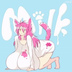 1girl all_fours animal_ears animal_hands animated animated_gif bare_legs bouncing_breasts breast_press breasts brown_eyes cat_ears cat_girl cat_paws cat_tail closed_eyes curvy english_text feet gigantic_breasts hataraki_ari legs licking_lips long_hair milk milkcat open_mouth original pink_hair shirt smile solo stretching tail text_focus tongue tongue_out wavy_mouth white_shirt yawning rating:Questionable score:103 user:Perv-Ultra