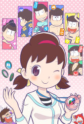 10s 1girl 6+boys blue_lips blush brown_hair buck_teeth candy candy_bar character_request chibita chocoboo cosplay dated endou_aya food from_behind frown gradient_background grin hat heart hikikoumori horns ittangomen ittangomen_(cosplay) iyami japanese_clothes jibanyan jibanyan_(cosplay) kodama_fumika kodama_fumika_(cosplay) kyuntarou kyuntarou_(cosplay) looking_at_viewer looking_back matsuno_choromatsu matsuno_ichimatsu matsuno_jyushimatsu matsuno_karamatsu matsuno_osomatsu matsuno_todomatsu meramelion meramelion_(cosplay) mochi-iri_kinchaku monster_boy multiple_boys one_eye_closed orochi_(youkai_watch) orochi_(youkai_watch)_(cosplay) osomatsu-kun osomatsu-san osomatsu_(series) pendant_watch pink_background polka_dot polka_dot_background sextuplets sleeveless smile solo_focus teeth topless_male twitter_username upper_body voice_actor_connection watch whisper_(youkai_watch) whisper_(youkai_watch)_(cosplay) youkai_medal youkai_watch youkai_watch_(object) yowai_totoko