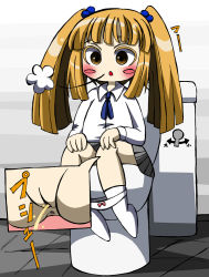 1girl anus bathroom blue_bow blue_bowtie blush bow bow_panties bowtie breath brown_eyes brown_hair grey_skirt hair_bobbles hair_ornament hands_on_own_knees inset loli long_hair long_sleeves open_mouth panties panty_pull peeing pussy relief school_uniform shirt sitting skirt socks toilet toilet_use uncensored underwear white_panties white_shirt white_socks rating:Explicit score:5 user:cpee