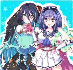  2girls :d :o aqua_hair ascot belt black_bow black_dress black_hair black_hairband black_ribbon black_sailor_collar blue_ascot blue_background blue_eyes blush bow bow_hairband breasts brown_belt collarbone colored_inner_hair commentary detached_sleeves doll dress elbow_gloves flying_sweatdrops gloves green_eyes grey_sleeves hair_between_eyes hair_ornament hair_ribbon hairband hairclip hand_up highres holding holding_doll horns large_breasts long_hair long_hair_between_eyes looking_at_another looking_at_viewer medium_hair miniskirt misora_(princess_connect!) multicolored_hair multiple_girls open_mouth pleated_skirt princess_connect! purple_hair ranpha_(princess_connect!) red_gloves red_horns ribbon sailor_collar sailor_shirt shirt single_horn skirt skirt_set smile star_(symbol) starry_background striped_bow two-tone_hair underbust very_long_hair white_gloves white_shirt white_skirt yamada_(hvcij) 