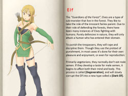  blonde_hair boots bow_(weapon) bridal_gauntlets character_profile elbow_gloves elf elf_(mon-musu_quest!) english_text fingerless_gloves gloves ishino ishinoyari mon-musu_quest! monster_girl pointy_ears thighhighs translated weapon  rating:Sensitive score:37 user:AmazingAmaya