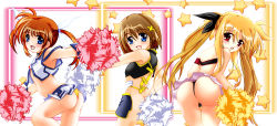  ass belt blackjunk blonde_hair blue_eyes bodysuit bottomless bow brown_hair buckle cheerleader fate_testarossa hair_bow hair_ornament highres lyrical_nanoha mahou_shoujo_lyrical_nanoha mahou_shoujo_lyrical_nanoha_a&#039;s mahou_shoujo_lyrical_nanoha_the_movie_2nd_a&#039;s navel open_mouth pom_pom_(cheerleading) red_eyes short_twintails skirt smile star_(symbol) takamachi_nanoha twintails yagami_hayate  rating:Questionable score:12 user:DmonHiro
