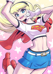  1girl arm_up belt blonde_hair blue_eyes blue_skirt boots cape crop_top dc_comics gloves gradient_background hairband long_hair looking_at_viewer midriff navel open_mouth pink_background red_cape red_footwear shirt short_cape short_sleeves skirt smile solo star_(symbol) stomach sunafuki_tabito supergirl superhero_costume superman_(series) superman_logo teeth upper_teeth_only white_belt white_gloves white_shirt 