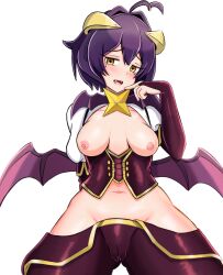  1girl antenna_hair arms_behind_back bare_hips bat_wings blush breasts breasts_apart breasts_out cleft_of_venus cowboy_shot curled_horns dot_nose elbow_gloves eyebrows eyelashes facial_mark fangs female_focus finger_to_own_chin fingerless_gloves gloves hand_up hiiragi_utena horns looking_at_viewer lowleg lowleg_pants magia_baiser magical_girl mahou_shoujo_ni_akogarete medium_breasts medium_hair midriff naughty_face navel nipples no_bra open_mouth pants purple_gloves purple_hair purple_pants purple_sash sash shrug_(clothing) simple_background smug solo star-shaped_pupils star_(symbol) symbol-shaped_pupils teeth two-tone_pants two-tone_sash upper_teeth_only vankart12 white_background white_shrug wings yellow_eyes yellow_horns yellow_pants yellow_sash 
