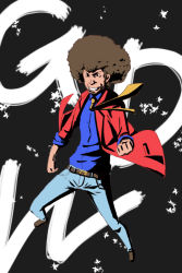  1990s_(style) 1boy afro bad_id bad_pixiv_id brown_hair clenched_hand excel_saga jacket male_focus nabeshin necktie open_clothes open_jacket puni_puni_poemi solo warumono_tomii 