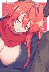  1girl 1other breasts cleavage goddess_of_victory:_nikke hair_between_eyes headgear highres horns jacket jinjjj_3 large_breasts leaning_on_person leather leather_jacket long_hair mechanical_horns navel red_hair red_hood_(nikke) red_scarf scarf sleeping unzipped very_long_hair zipper 