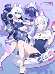  2girls absurdres animal_ears bare_shoulders blue_archive blue_halo blue_one-piece_swimsuit bunny_headphones cellphone character_name commentary copyright_name covered_navel fake_animal_ears frilled_one-piece_swimsuit frills gun halo hand_up headphones headset highres holding holding_gun holding_phone holding_weapon innertube jhcrow3 looking_at_viewer matching_hairstyle matching_outfits miyako_(blue_archive) miyako_(swimsuit)_(blue_archive) multiple_girls nintendo off-shoulder_one-piece_swimsuit off_shoulder official_alternate_costume on_innertube one-piece_swimsuit open_mouth phone purple_eyes side_ponytail smartphone splatoon_(series) swim_ring swimsuit thighs weapon white_hair white_innertube 