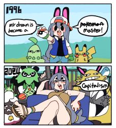  1996 1girl 2024 6+others :3 absurdres age_progression animal_ears ash_ketchum ash_ketchum_(cosplay) ass before_and_after bongfill cartoonized chikorita cosplay creatures_(company) crossed_legs crossover english_text game_freak gameplay_mechanics gen_1_pokemon gen_2_pokemon grey_hair grizzbolt hat highres lamball lifmunk mossanda multiple_others nintendo open_mouth original palworld pikachu pokemon pokemon_(anime) pokemon_(classic_anime) relaxaurus sitting smile speech_bubble tank_(bongfill) toes toon_(style) 