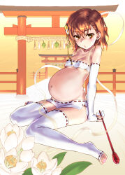  1girl alternate_costume arm_at_side arm_support arrow_(projectile) barefoot blush breasts brown_eyes brown_hair collarbone colored_skin detached_sleeves eyebrows flower full_body hagoromo hair_between_eyes hair_flower hair_ornament hand_on_own_stomach microphone misaka_mikoto multiple_torii navel no_shoes nontraditional_miko pout pregnant raika9 railing revealing_clothes ribbon-trimmed_clothes ribbon-trimmed_legwear ribbon-trimmed_skirt ribbon-trimmed_sleeves ribbon_trim ribs rope see-through shawl shide shimenawa short_shorts shorts side_slit sitting skirt sleeves_past_wrists small_breasts solo stomach strapless string striped thighhighs third-party_edit toaru_kagaku_no_railgun toaru_majutsu_no_index toeless_legwear toes torii tube_top underboob wariza white_flower white_skin white_skirt white_thighhighs white_tube_top  rating:Questionable score:38 user:givememisakamikotoedits