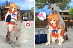  1boy 1girl 3d ahoge all_fours artist_request bent_over bestiality blurry blush breasts brown_eyes building clothed_sex cross_hair_ornament culture_japan depth_of_field doggystyle flat_chest girl_on_top goat hair_ornament heart long_hair moaning on_ground open_mouth outdoors pleated_skirt riding school_uniform serafuku sex sex_from_behind skirt small_breasts spoken_heart stomach_bulge suenaga_mirai tears tongue tongue_out torogao 