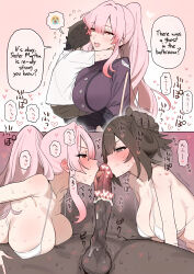  1boy 2girls 2koma absurdres blush breasts brown_hair buttons censored comic cooperative_fellatio double-breasted duel_monster erection exosister_martha exosister_sophia fellatio ffm_threesome gloves group_sex hetero highres kissing_penis large_breasts licking licking_penis long_hair long_sleeves multiple_girls nude oral penis pink_hair ponytail purple_eyes red_eyes shinjiro short_hair teamwork threesome tongue tongue_out translated veins veiny_penis very_long_hair yu-gi-oh!  rating:Explicit score:214 user:130db
