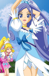  2girls aida_mana arm_warmers arms_up blonde_hair blue_bow blue_eyes blue_hair blue_sky bow bracelet brooch choker cloud cloudy_sky collarbone cure_diamond cure_heart dancing dokidoki!_precure earrings forest fuchi_(nightmare) hair_ornament heart heart_brooch heart_hair_ornament high_ponytail highres hishikawa_rikka jewelry long_hair looking_at_viewer magical_girl multiple_girls nature open_mouth outdoors pink_arm_warmers pink_bow pink_choker pink_sleeves pink_wrist_cuffs ponytail precure puffy_sleeves sky smile waist_bow wide_ponytail wrist_cuffs yellow_choker 