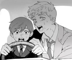  2boys chainsaw_man chilchuck_tims collared_shirt constricted_pupils driving dungeon_meshi formal greyscale hand_on_another&#039;s_shoulder highres jacket laios_touden looking_at_viewer male_focus meme monochrome multiple_boys necktie no_pupils open_mouth power_crashes_kobeni&#039;s_car_(meme) scared scene_reference shirt short_hair steering_wheel suit sweat upper_body wide-eyed zarame_pfpf 