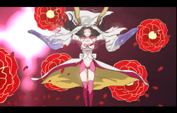 1girl arms_up black_hair black_horns boots breasts chest_tattoo cutout_above_navel derivative_work detached_sleeves dress falling_petals fate/extra fate/extra_ccc fate/grand_order fate_(series) feet_out_of_frame flower forehead_tattoo grin hair_floating_upwards highres hiiragi_(karashriker) horn_ornament horn_ring horns kakegurui large_breasts letterboxed long_hair long_horns long_sleeves looking_at_viewer navel outstretched_arms panties petals pink_footwear pink_horns pink_panties pink_ribbon red_flower ribbon sessyoin_kiara sideboob smile solo stomach_tattoo tassel tattoo thigh_boots underwear white_dress white_sleeves white_veil wide_sleeves yellow_eyes yellow_tassel