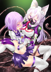  animal_ears battle_damage bodysuit cat_ears combat_suit corrupted corruption female_sub femdom gloves highres holding_hands latex latex_bodysuit latex_gloves latex_thighhighs mask purple_hair rubber tentacle_sex tentacles thighhighs white_hair  rating:Explicit score:10 user:skysthelimit
