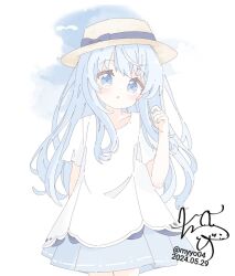  1girl alternate_costume blue_eyes blue_hair chame_(myyo04) commentary cowboy_shot dated dress fedora hat hibiki_(kancolle) kantai_collection light_blue_hair long_hair looking_at_viewer signature solo sun_hat symbol-only_commentary twitter_username white_dress 