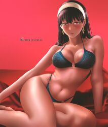  1girl bed bikini black_hair bloskai breasts cleavage highres large_breasts legs legs_together long_hair medium_breasts solo spy_x_family swimsuit thick_thighs thighs yor_briar  rating:Questionable score:39 user:kidfrost1995