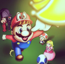  2girls 3boys blonde_hair blue_eyes breasts brown_hair cappy_(mario) cleavage donkey_kong_(series) dress earrings egg facial_hair gloves grin hand_up hat jewelry jumping lipstick looking_up makeup mario mario_(series) medium_breasts moon multiple_boys multiple_girls mustache new_donker nintendo open_mouth overalls pauline pauline_(mario) pink_dress power_moon princess_peach red_skirt skirt smile super_mario_odyssey toad_(mario) umbrella 