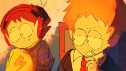  2boys absurdres brown_hair crutch doctor_timothy eturanyou fastpass formal headphones highres jimmy_valmer male_focus multiple_boys necktie orange_hair shirt short_hair smile south_park south_park:_the_fractured_but_whole suit timmy_burch uneven_eyes yellow_shirt 