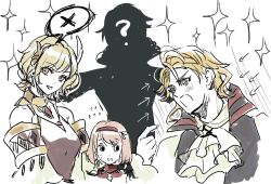  2boys 2girls ? alcryst_(fire_emblem) amber_(fire_emblem) blonde_hair brown_dress citrinne_(fire_emblem) dress earrings feather_hair_ornament feathers fire_emblem fire_emblem_engage gold_choker gold_trim grey_hairband hair_ornament hairband hoop_earrings jewelry lapis_(fire_emblem) multiple_boys multiple_girls nintendo pink_eyes pink_hair red_eyes red_hairband ribbon silhouette two-tone_hairband umi_(_oneinchswing) white_ribbon wing_hair_ornament 