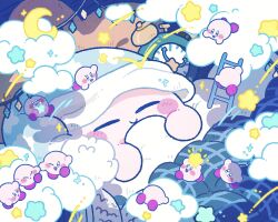  :o alarm_clock blue_eyes blue_hat blush_stickers climbing clock clone closed_eyes closed_mouth cloud colored_skin commentary_request copy_ability crescent_moon harukui hat highres holding holding_hands holding_star kirby kirby_(series) ladder moon nightcap nintendo no_humans on_bed one_eye_closed pillow pink_skin red_footwear shoes sleep_kirby sleeping smile star-shaped_pillow star_(symbol) star_print under_covers 