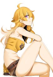 1girl ahoge bad_id bad_pixiv_id bandeau bare_shoulders breasts doko_tetora female_focus from_side long_hair looking_at_viewer midriff rwby short_shorts shorts simple_background smile solo strapless tube_top white_background yang_xiao_long rating:Sensitive score:80 user:danbooru