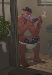  1boy absurdres alca_(wakatanka4) alternate_skin_color angry animal animal_ears animal_in_clothes bara black_cat black_hair briefs cat cellphone chenxiaocheng923 cigarette dark-skinned_male dark_skin facial_hair frown gyee hairy highres holding holding_cigarette lion_boy lion_ears lion_necklace male_focus male_underwear male_underwear_pull mature_male muscular muscular_male mustache_stubble original pee_stain phone short_hair sitting smartphone smoking solo sparse_chest_hair sparse_leg_hair squat_toilet stubble thick_eyebrows thick_neck toilet toilet_use undercut underwear 