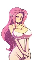 1girl blush breasts choker curvy dress elbow_gloves fluttershy gloves halterneck highres huge_breasts large_breasts long_hair looking_at_viewer maniacpaint my_little_pony my_little_pony:_friendship_is_magic personification pink_eyes pink_hair shy simple_background smile solo v_arms very_long_hair rating:Questionable score:173 user:jojosstand