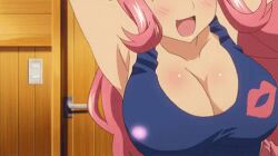 1girl animated animated_gif anime_screenshot bare_shoulders bouncing_breasts breast_focus breasts celia_ootsuka cleavage female_focus heart large_breasts lipstick_mark long_hair lowres maken-ki! open_mouth pink_hair screencap shiny_skin sleeveless solo takami_akio 