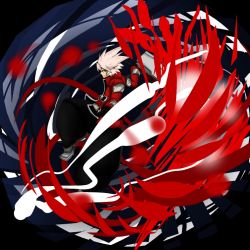  1boy arc_system_works belt blazblue coat gloves green_eyes heterochromia male_focus ragna_the_bloodedge red_eyes silver_hair solo spiked_hair weapon  rating:Sensitive score:7 user:corvus