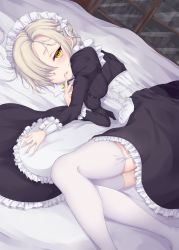 1girl apron azur_lane bed bed_sheet black_dress blonde_hair blush braid breasts buttons chain commentary_request corset cross dress eyelashes fingernails french_braid garter_straps hairband highres indoors long_fingernails long_sleeves looking_at_viewer lying maid_apron maid_headdress medium_breasts nail_polish on_side parted_lips puffy_long_sleeves puffy_sleeves ribbon sheffield_(azur_lane) shiro_usagi sleeve_cuffs solo teeth thighhighs waist_apron white_apron white_hairband white_ribbon white_thighhighs yellow_eyes rating:Sensitive score:12 user:danbooru
