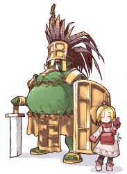  1boy 1girl black_pants blonde_hair blush brown_bag brown_gloves brown_vest chain closed_eyes closed_mouth colored_skin commentary_request crown dress fat fat_man flower flower_on_head full_body gloves green_skin holding holding_shield holding_sword holding_weapon loincloth looking_at_viewer merchant_(ragnarok_online) orc orc_hero pants planted planted_sword planted_weapon pointy_ears ragnarok_online red_eyes red_flower sandals shield short_hair simple_background smile suka sword tusks v vest weapon white_background white_dress 