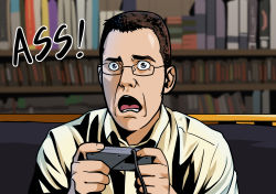  &gt;:( 1boy angry angry_video_game_nerd blue_eyes brown_hair cable collared_shirt controller couch d: d:&lt; derivative_work english_text game_console game_controller glasses high_contrast highres james_rolfe male_focus nes open_mouth profanity real_life shelf shirt solo suzushiro_(suzushiro333) thick_eyebrows v-shaped_eyebrows white_shirt  rating:General score:33 user:danbooru