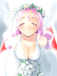 1girl angel_wings blush bouquet breasts bride chunsoft cleavage dragon_quest dragon_quest_iv dress enix covered_erect_nipples closed_eyes flower hima large_breasts long_hair lucia_(dq) pink_hair solo wedding_dress wings rating:Sensitive score:33 user:danbooru