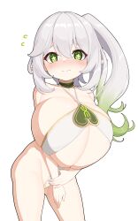  +_+ 1girl absurdres alternate_breast_size bikini blush breasts closed_mouth commentary_request genshin_impact gigantic_breasts gradient_hair green_eyes green_hair grey_hair highres kaedeno_yuu looking_at_viewer multicolored_hair nahida_(genshin_impact) oppai_loli pointy_ears side_ponytail simple_background solo standing swimsuit white_background white_bikini  rating:Sensitive score:229 user:danbooru