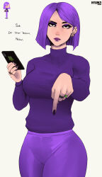  1girl artist_name black_nails breasts cellphone duolingo earrings english_text eyeshadow highres holding holding_phone jewelry large_breasts lily_(duolingo) looking_at_viewer makeup nyuunzi pants phone pointing pointing_down purple_eyeshadow purple_hair purple_lips purple_pants purple_shirt reference_inset ring shirt short_hair simple_background smartphone solo white_background 