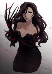 1girl artist_name bad_id bad_tumblr_id bare_shoulders black_dress black_gloves black_hair black_lips breast_hold breasts cleavage collarbone colored_skin commentary cropped_legs curly_hair curvy dress elbow_gloves english_commentary eyebrows eyelashes eyeliner eyes_visible_through_hair female_focus forehead fullmetal_alchemist gloves gradient_background grey_background grey_skin grin hair_between_eyes hand_up homunculus iahfy image_sample large_breasts lips lipstick long_dress long_hair looking_at_viewer lust_(fma) makeup mascara monster_girl neck parted_lips purple_eyes purple_lips smile solo strapless strapless_dress tattoo tumblr_sample wavy_hair white_background rating:Sensitive score:82 user:danbooru