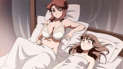  2girls =_= black_hair blush bra breasts collarbone commentary english_commentary groin hair_behind_ear hair_bun implied_after_sex large_breasts long_hair looking_down multiple_girls original parted_lips pillow rikeza single_hair_bun sitting small_breasts smile underwear white_bra yuri 