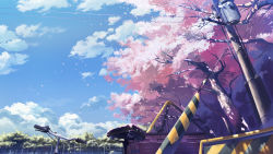  bad_id bad_pixiv_id bicycle cherry_blossoms cloud dappled_sunlight day fence from_below gom_jabbar no_humans original petals power_lines scenery sky sunlight tree tree_shade utility_pole wind  rating:General score:3 user:danbooru