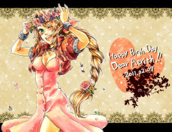  1990s_(style) 1girl aerith_gainsborough blush bracelet breasts brown_hair dress female_focus final_fantasy final_fantasy_vii flower green_eyes hair_ornament happy happy_birthday jacket jewelry long_hair open_mouth ponytail solo wink wreath yad〇 